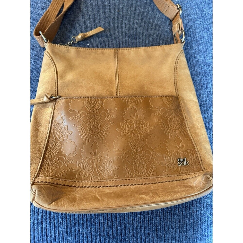 The Sak Iris Tan Brown Leather Tooled Embossed Adjustable Crossbody Shoulder Bag - Picture 2 of 13